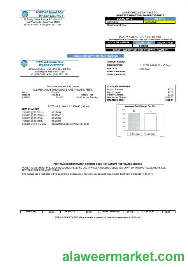 USA New York Port Washington Water District utility bill template in Word and PDF format